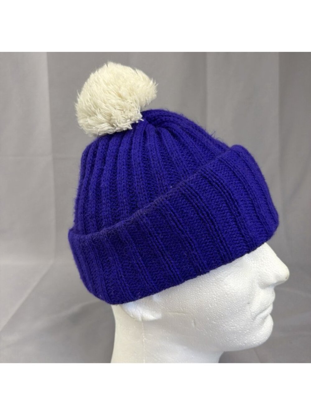 Vintage 70s Wigwam Winter Hat Pom Pom Beanie Purple White Acrylic USA Retro